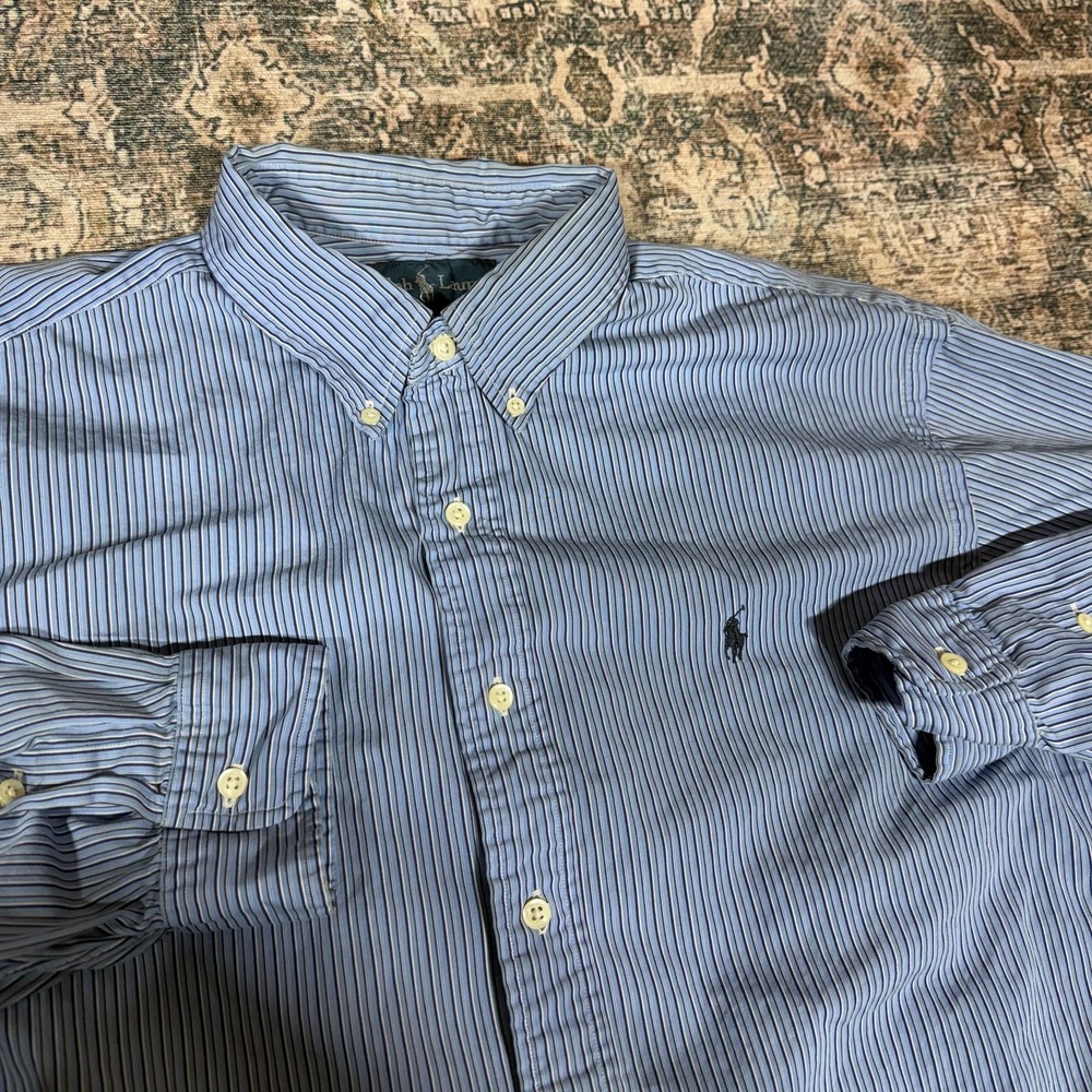 Ralph Lauren Shirt Men XL Blue Striped Cotton Button-Down Classic Formal Career